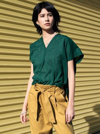 Women's Tan Tapered Pants, Dark Green Short Sleeve Blouse