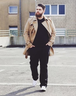 Beige Trenchcoat Outfits For Men: Rock a beige trenchcoat with black jeans and you'll put together a neat and classy ensemble. Complete your ensemble with white canvas low top sneakers to make a standard outfit feel suddenly fresh.