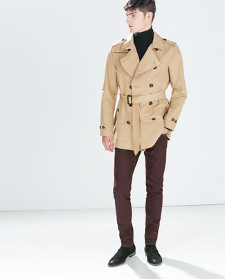 Burgundy Jeans Outfits For Men: Reach for a tan trenchcoat and burgundy jeans to achieve new heights in your personal style. Add black suede chelsea boots to the equation to completely change up the ensemble.
