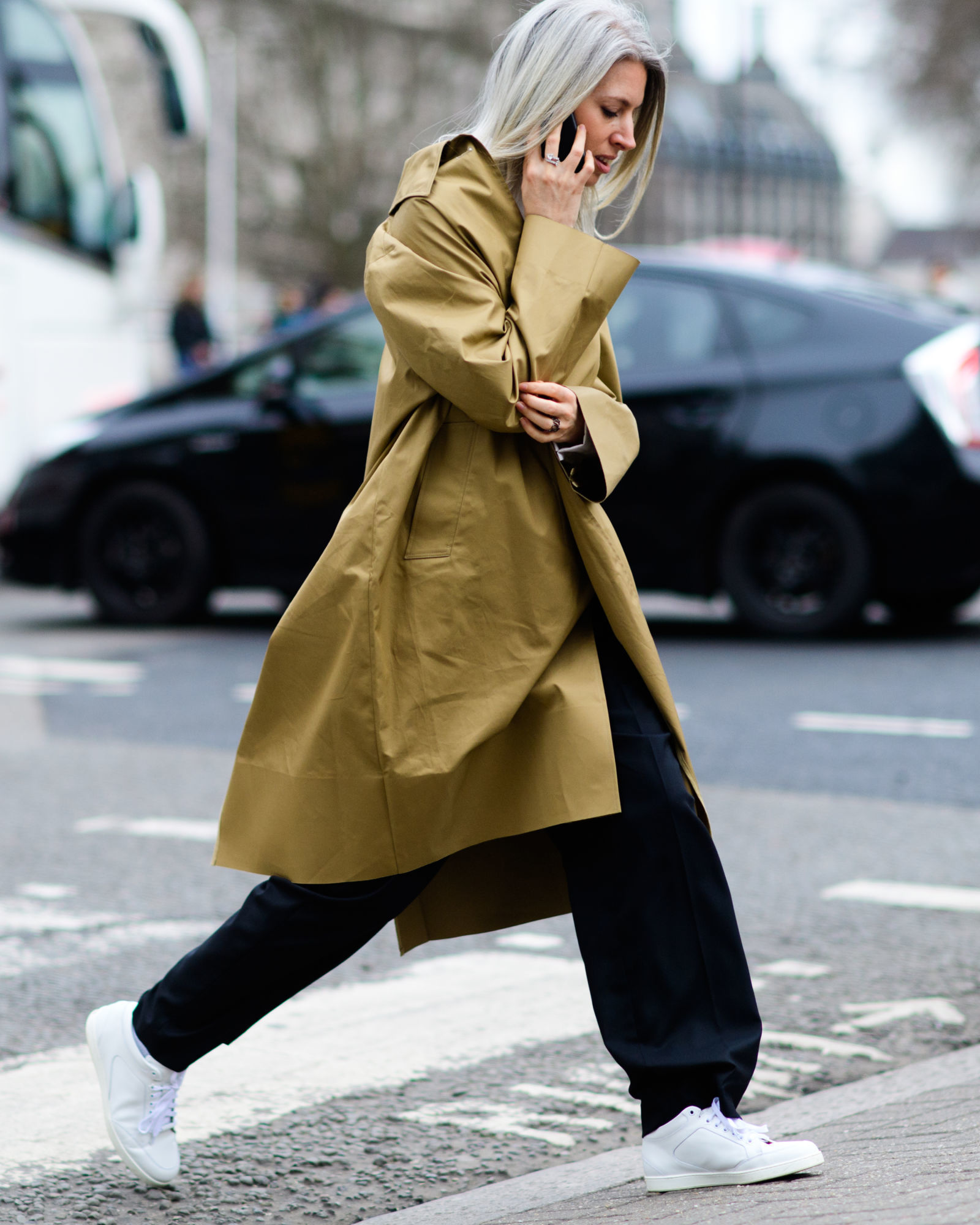 Women's Tan Trenchcoat, Black Wide Leg Pants, White Leather Low