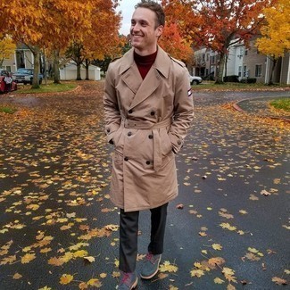 Men's Tan Trenchcoat, Burgundy Turtleneck, Black Chinos, Charcoal Leather Casual Boots