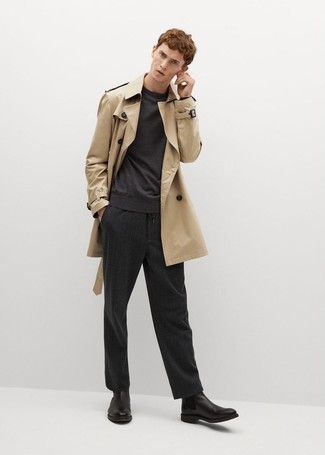 Men's Tan Trenchcoat, Charcoal Sweatshirt, Black Vertical Striped Chinos, Black Leather Chelsea Boots