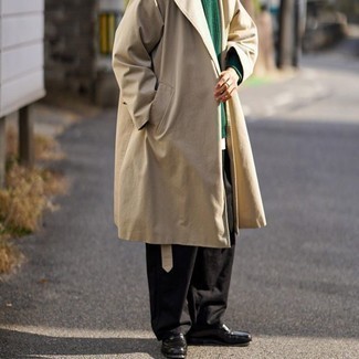 Men's Tan Trenchcoat, Dark Green Crew-neck Sweater, Black Chinos, Black Leather Loafers