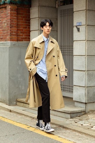 Men's Tan Trenchcoat, Light Blue Long Sleeve Shirt, Black Chinos, Black and White Canvas High Top Sneakers