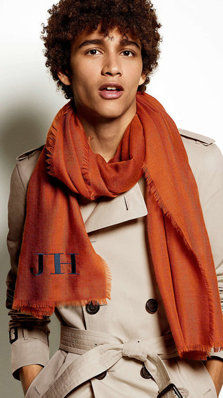 Orange Scarf Outfits For Men: If you're after a city casual and at the same time on-trend look, wear a tan trenchcoat with an orange scarf.