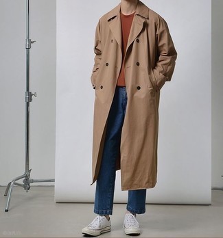 Men's Tan Trenchcoat, Tobacco Crew-neck T-shirt, Blue Jeans, White Canvas Low Top Sneakers