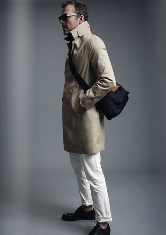 Lalle Johnson wearing Tan Trenchcoat, White Jeans, Black Leather Derby Shoes, Navy Canvas Messenger Bag