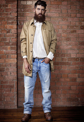 Men's Tan Trenchcoat, White Long Sleeve Shirt, Light Blue Jeans, Dark Brown Leather Casual Boots