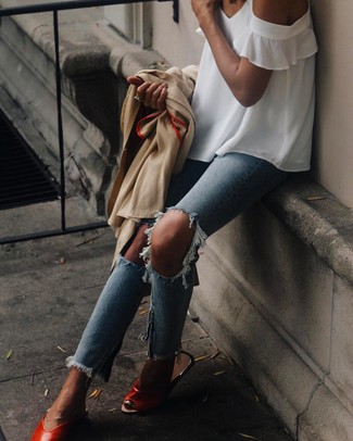 Red Leather Flat Sandals Outfits: For a look that's super straightforward but can be flaunted in a variety of different ways, try teaming a tan trenchcoat with light blue ripped skinny jeans. A pair of red leather flat sandals effortlessly boosts the street cred of this look.