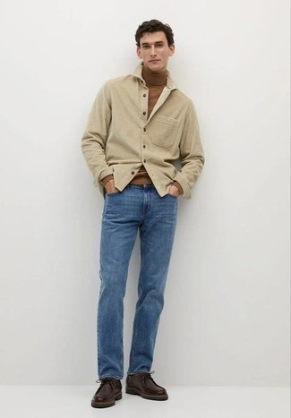 Beige Corduroy Long Sleeve Shirt Outfits For Men: A beige corduroy long sleeve shirt and blue jeans paired together are a perfect match. For extra fashion points, complement this outfit with dark brown leather desert boots.