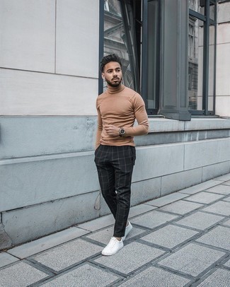 Men's Tan Turtleneck, Black Plaid Chinos, White Leather Low Top Sneakers, Dark Brown Leather Watch