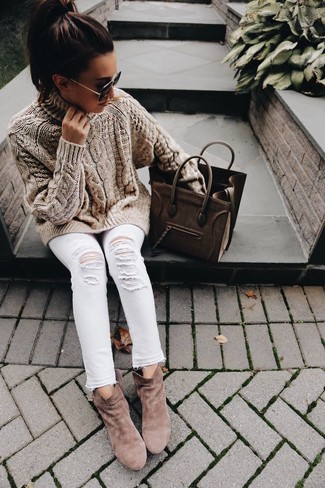 Tobacco Suede Ankle Boots Outfits: Consider wearing a tan knit turtleneck and white ripped skinny jeans for a practical look that's also pulled together. If you need to easily step up this look with one piece, complete your look with tobacco suede ankle boots.