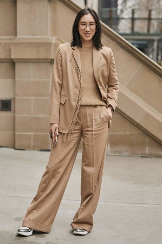 Beige Blazer with Wide Leg Pants Outfits: 