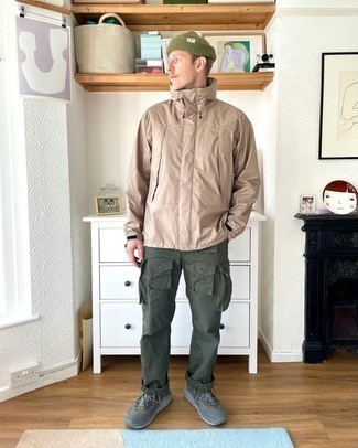 Tan Windbreaker Outfits For Men: This relaxed casual pairing of a tan windbreaker and olive cargo pants will catch attention for all the right reasons. To give your overall outfit a more casual feel, why not add charcoal athletic shoes to the equation?