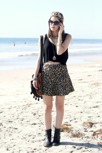 Women's Black Tank, Brown Leopard A-Line Skirt, Black Leather Ankle Boots, Black Embroidered Crossbody Bag