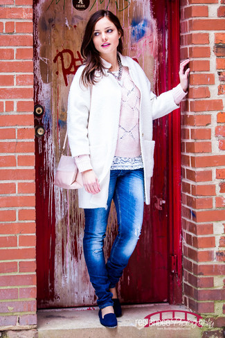 Women's Blue Ripped Jeans, White Lace Tank, Pink Crew-neck Sweater, White Coat