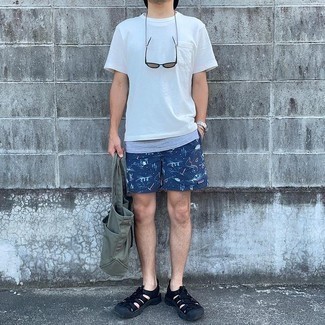Navy Sports Shorts Outfits For Men: This cool and casual getup is easy to break down: a white crew-neck t-shirt and navy sports shorts. Balance out this ensemble with more relaxed shoes, such as these black canvas sandals.
