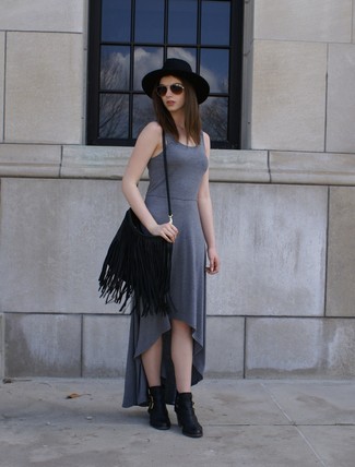 Charcoal Dress Outfits: Make charcoal dress your outfit choice for a laid-back twist on casual wear. And if you wish to instantly lift up your getup with a pair of shoes, why not complete your outfit with a pair of black leather ankle boots?