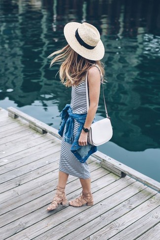 White and Blue Horizontal Striped Tank Dress Outfits: Solid proof that a white and blue horizontal striped tank dress and a blue denim shirt are amazing when matched together in a laid-back look. To bring a bit of flair to this look, add a pair of beige suede heeled sandals to the mix.