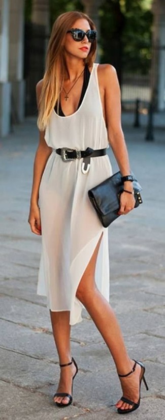 Black Leather Belt Outfits For Women: This is undeniable proof that a white silk tank dress and a black leather belt are amazing when matched together in a relaxed ensemble. Feeling experimental? Shake things up with black leather heeled sandals.