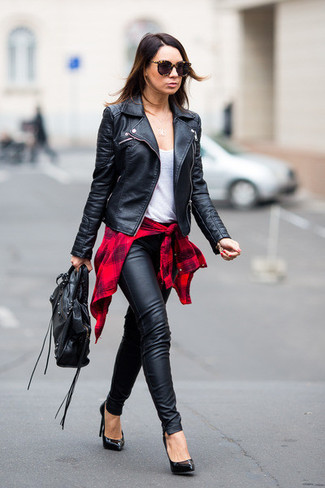Women's Black Leather Skinny Pants, White Tank, Red Plaid Dress Shirt, Black Leather Biker Jacket