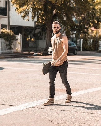 Tan Tank Outfits For Men: A tan tank and charcoal ripped jeans are the perfect way to infuse effortless cool into your casual lineup. A pair of brown canvas high top sneakers will take this ensemble down a smarter path.