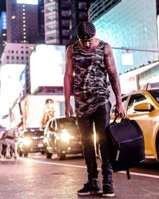 Black and White Bandana Outfits For Men: An olive camouflage tank and a black and white bandana are a nice combination to add to your daily styling repertoire. Tap into some David Gandy stylishness and introduce black leather high top sneakers to the mix.