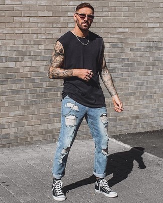 Black Tank with Light Blue Ripped Jeans Outfits For Men (9 ideas