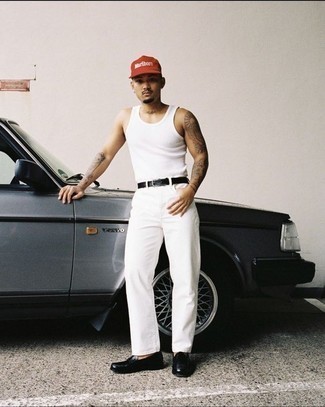 Men's White Tank, White Jeans, Black Leather Loafers, Red and White Print Baseball Cap
