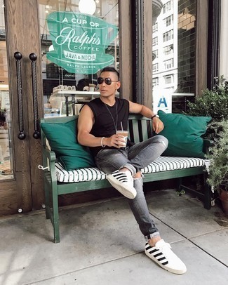 Men's Black Tank, Grey Ripped Jeans, White and Black Horizontal Striped Canvas Low Top Sneakers, Dark Brown Sunglasses