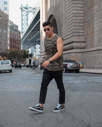 Men's Olive Camouflage Tank, Black Ripped Jeans, Black and White Canvas Low Top Sneakers, Dark Brown Sunglasses
