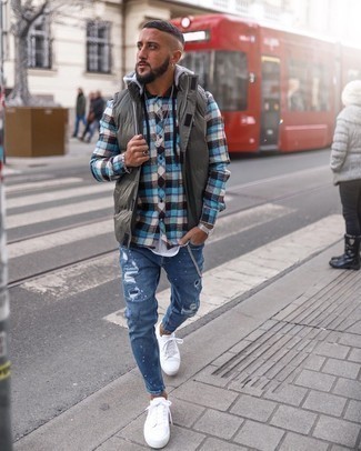Aquamarine Plaid Flannel Long Sleeve Shirt Outfits For Men: 