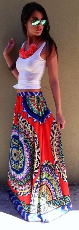 Women's White Tank, Red Print Maxi Skirt, Green Sunglasses, Red Floral Necklace