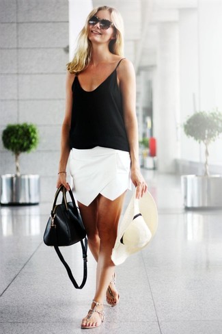 Women's Black Silk Tank, White Mini Skirt, Beige Leather Thong Sandals, Black Leather Satchel Bag