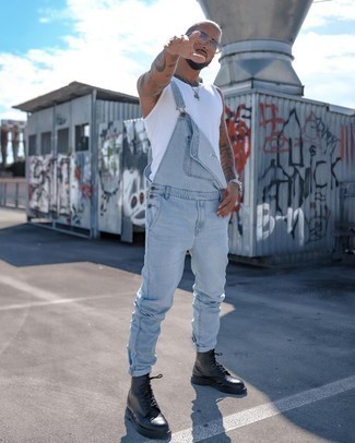 Light Blue Overalls Outfits For Men: This casual combination of a white tank and light blue overalls is effortless, dapper and super easy to copy. A pair of black leather casual boots easily turns up the fashion factor of this outfit.
