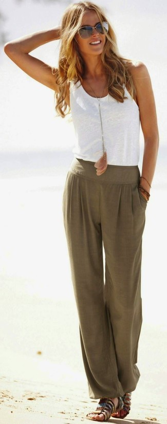 Women's White Tank, Olive Pajama Pants, Brown Leather Gladiator Sandals, Gold Sunglasses