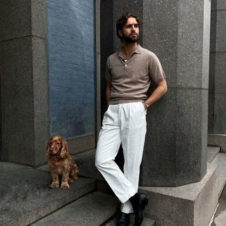 Tan Polo Outfits For Men: When the situation calls for a classy yet killer look, consider teaming a tan polo with white dress pants. Bring a classier twist to an otherwise mostly dressed-down outfit by slipping into black leather loafers.