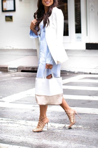 Women's Beige Leather Heeled Sandals, White Tank, Light Blue Shirtdress, White Blazer