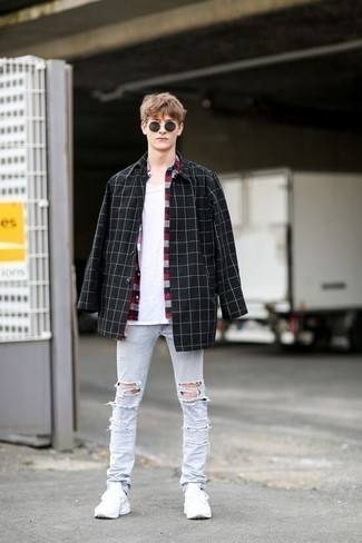 Men's Grey Ripped Jeans, White Tank, Red Gingham Short Sleeve Shirt, Black and White Check Shirt Jacket