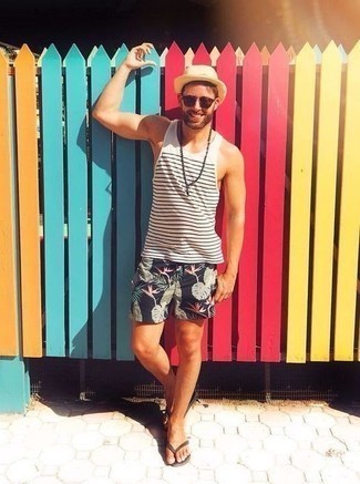 Men's White and Black Horizontal Striped Tank, Navy Floral Shorts, Brown Leather Flip Flops, Beige Straw Hat