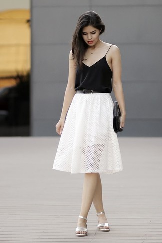 Women's Black Silk Tank, White Eyelet Skater Skirt, Silver Leather Flat Sandals, Black Leather Clutch