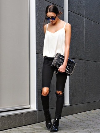 Women's White Silk Tank, Black Ripped Skinny Jeans, Black Leather Ankle Boots, Black Quilted Leather Crossbody Bag