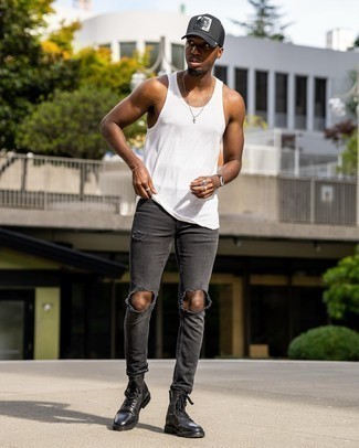 Men's White Tank, Charcoal Ripped Skinny Jeans, Black Leather Casual Boots, Black and White Print Baseball Cap