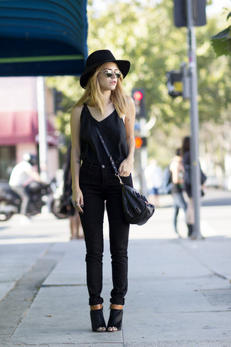 Women's Black Silk Tank, Black Skinny Jeans, Black Suede Heeled Sandals, Black Leather Crossbody Bag