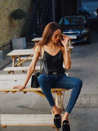 Black Suede Loafers Outfits For Women: If you're in search of an off-duty and at the same time absolutely chic look, reach for a black silk tank and navy skinny jeans. Exhibit your classy side by rounding off with a pair of black suede loafers.