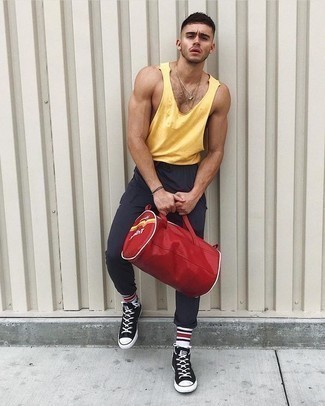 Men's Yellow Tank, Charcoal Sweatpants, Black and White Canvas High Top Sneakers, Red Canvas Duffle Bag