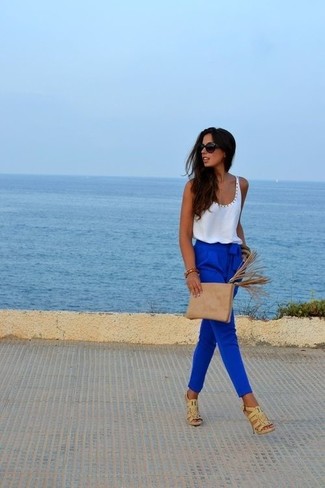 Women's White Tank, Blue Tapered Pants, Beige Leather Heeled Sandals, Tan Suede Clutch
