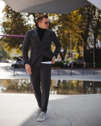 Charcoal Vertical Striped Wool Suit Outfits: 