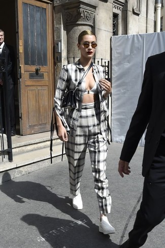Bella Hadid wearing White Leather Slip-on Sneakers, White and Black Plaid Tapered Pants, White Bikini Top, White and Black Plaid Blazer