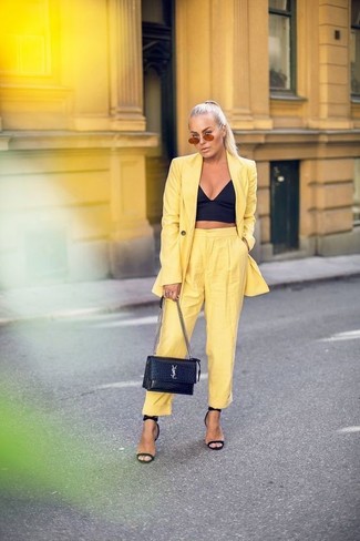 Women's Black Leather Heeled Sandals, Yellow Tapered Pants, Black Bustier Top, Yellow Blazer